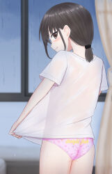  1girl absurdres ass back-print_panties blush brown_eyes brown_hair clothes_writing curtains diamond_print from_behind heart heart_print highres loli long_hair looking_at_viewer looking_back panties pink_panties ponytail print_panties rain see-through see-through_shirt shirt shirt_tug shooko short_sleeves smile standing underwear wet wet_clothes wet_shirt white_shirt window  rating:Sensitive score:79 user:cpee