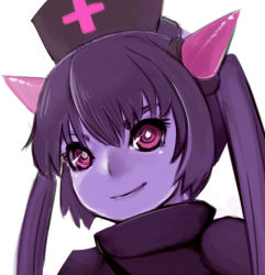 1girl @_@ chrome_(mon-musu_quest!) close-up cross eyebrows eyelashes greek_cross hat horns looking_at_viewer lowres mon-musu_quest! nurse_cap oni_horns pink_eyes pink_horns purple_hair red_cross simple_background smile solo torotoro_resistance twintails white_background wizard898