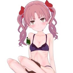 1girl 2021 20s 3d armband bare_hips bare_legs bare_shoulders bow bra breasts brown_eyes brown_hair collarbone hair_bow hair_ornament highres long_hair looking_at_viewer matching_hair/eyes momo_ame_one panties purple_bra purple_panties red_bow ribs shirai_kuroko sitting small_breasts smile solo stomach toaru_kagaku_no_railgun toaru_majutsu_no_index twintails underwear underwear_only white_background