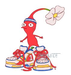  artist_name canarywitch flower highres nintendo no_humans oversized_clothes pikmin_(creature) pikmin_(series) red_pikmin shoes simple_background sneakers sweatdrop white_background white_footwear 