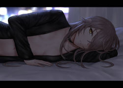  1girl blurry breasts brown_hair choker cleavage depth_of_field girls&#039;_frontline hair_over_one_eye indoors letterboxed long_hair long_sleeves looking_at_viewer lying navel night on_side one_eye_covered open_clothes parted_lips selcky small_breasts smile solo ump45_(girls&#039;_frontline) yellow_eyes  rating:Questionable score:38 user:danbooru