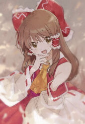 1girl absurdres ascot bow brown_hair commentary_request detached_sleeves frilled_bow frilled_hair_tubes frills hair_bow hair_tubes hakurei_reimu highres light_blush long_hair looking_at_viewer open_mouth red_bow red_skirt ribbon-trimmed_sleeves ribbon_trim skirt skirt_set smile solo touhou usayoshi_(touhopu2) yellow_ascot 