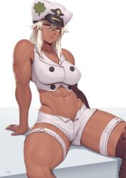  1girl absurdres arm_support bandages blonde_hair breasts clover dark-skinned_female dark_skin female_focus four-leaf_clover guilty_gear guilty_gear_strive hat highres large_breasts looking_at_viewer matching_hair/eyes medium_hair muscular muscular_female navel ramlethal_valentine sitting solo speedl00ver thick_thighs thigh_strap thighs yellow_eyes 