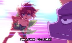  1boy 1girl abstract_background annoyed breasts brown_hair cleavage colored_skin dragon elora_(spyro) english_text faun frown furry furry_female green_eyes hand_on_own_hip hand_on_leg hand_on_own_leg hand_on_own_thigh hand_on_thigh kempferzero kill_la_kill leaf_skirt leaning_forward medium_breasts meme open_mouth parody purple_eyes purple_skin short_hair snout solo_focus spyro_(series) spyro_the_dragon sweatdrop  rating:Sensitive score:106 user:GOH910425