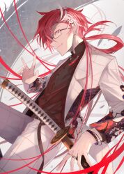  1boy absurdres alternate_costume belt bespectacled black-framed_eyewear black_hair black_shirt buttons collared_shirt cowboy_shot dragon_print earrings eyebrow_cut fate/grand_order fate_(series) formal glasses grid_print hair_over_one_eye highres holding jacket jewelry katana long_hair long_sleeves looking_at_viewer low_ponytail male_focus multicolored_hair multiple_rings pants red_eyes red_hair ring shirt smile solo streaked_hair sword takasugi_shinsaku_(fate) user_cpew7427 very_long_hair weapon white_hair white_jacket wristband 
