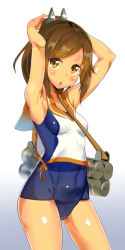  10s 1girl armpits arms_up blush brown_eyes brown_hair covered_navel cowboy_shot etonato gradient_background hair_ornament i-401_(kancolle) kantai_collection looking_at_viewer maji_(etonato) one-piece_swimsuit open_mouth ponytail sailor_collar school_swimsuit school_uniform serafuku short_hair short_ponytail solo standing swimsuit swimsuit_under_clothes thighs 