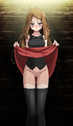  1girl against_wall black_shirt black_thighhighs blue_eyes blush breasts brown_hair censored closed_mouth clothes_lift collarbone covered_navel creatures_(company) crying crying_with_eyes_open game_freak gluteal_fold highres lifted_by_self long_hair looking_away medium_breasts messy_hair miniskirt nintendo no_panties parted_bangs pokemon pokemon_xy pussy red_skirt serena_(pokemon) shiny_clothes shiny_legwear shirt skirt skirt_lift sleeveless sleeveless_shirt solo standing straight_hair sweatdrop tagme tears thigh_gap thighhighs tsukishiro_saika very_long_hair wooden_wall  rating:Explicit score:110 user:danbooru