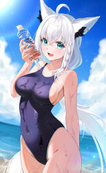 1girl absurdres ahoge alternate_costume animal_ear_fluff animal_ear_piercing animal_ears arm_behind_back bare_arms bare_shoulders blue_one-piece_swimsuit blue_sky blurry blurry_background bottle braid breasts cloud cloudy_sky commentary_request covered_navel cowboy_shot crossed_bangs day diffraction_spikes fox_ears fox_girl fox_tail green_eyes hair_between_eyes hand_up highleg highleg_swimsuit highres holding holding_bottle hololive horizon large_breasts legs_together lens_flare light_rays long_hair looking_at_viewer mogmog_megmog ocean one-piece_swimsuit open_mouth outdoors plastic_bottle shirakami_fubuki side_braid sideboob single_braid sky smile solo standing sunbeam sunlight swimsuit tail very_long_hair virtual_youtuber water water_bottle wet wet_clothes wet_swimsuit white_hair 