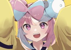  1girl blue_hair blush bow-shaped_hair commentary creatures_(company) game_freak hands_up highres iono_(pokemon) jacket long_hair looking_at_viewer multicolored_hair nintendo open_mouth oversized_clothes pink_eyes pink_hair pokemon pokemon_sv portrait rotated sharp_teeth shitara_sunoko sleeves_past_fingers sleeves_past_wrists smile solo straight-on teeth two-tone_hair yellow_jacket  rating:General score:5 user:spiderfan