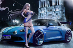  1girl absurdres alpine_(carmaker) alpine_a110 alternate_costume ass azur_lane bare_shoulders blue_choker boots breasts car cathedral character_name checkered_flag choker cleavage collarbone commentary commission copyright_name country_connection covered_navel crescent_moon dress elbow_gloves english_commentary flag france full_body gloves grey_hair hair_between_eyes hand_on_own_hip high_heel_boots high_heels highres holding holding_pole kcar66t large_breasts license_plate long_hair looking_at_viewer mole mole_under_eye moon motor_vehicle night no_mole notre_dame_de_paris outdoors paris pixiv_commission pole product_placement race_queen real_world_location red_eyes revision saint-louis_(azur_lane) shadow sidelocks skindentation sky solo spoiler_(automobile) sports_car standing star_(sky) starry_sky strapless strapless_dress thick_thighs thigh_boots thighs tight_clothes vehicle_focus white_dress white_footwear white_gloves yostar 