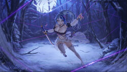  1girl absurdres blue_eyes blue_hair breasts cleavage detached_sleeves forest full_moon highres holding holding_sword holding_weapon jewelry large_breasts looking_at_viewer midriff miniskirt moon multicolored_hair nature navel night nomalman original panties pantyshot pleated_skirt ring short_sword skirt snow solo streaked_hair sword thighhighs thread underwear weapon white_hair white_panties white_skirt white_thighhighs 
