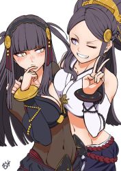  2girls blush breasts cleavage fire_emblem fire_emblem_fates grey_eyes hair_ornament hime_cut japanese_clothes large_breasts midriff mother_and_daughter multiple_girls navel nintendo one_eye_closed orochi_(fire_emblem) oruka purple_eyes purple_hair rhajat_(fire_emblem) wink  rating:General score:7 user:LittlestWarrior