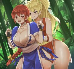  2girls :q bare_shoulders blonde_hair breasts brown_eyes brown_hair capcom cleavage crossover dead_or_alive female_focus final_fight final_fight_2 genryuusai_maki grabbing grabbing_another&#039;s_breast highres huge_breasts kasumi_(doa) large_breasts long_hair matching_hair/eyes multiple_girls ninja pelvic_curtain short_sleeves sleeveless street_fighter tecmo tongue tongue_out trait_connection tree yuri zad_orein  rating:Questionable score:26 user:zombiespacial