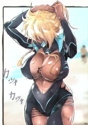 1girl absurdres adjusting_hair areola_slip arms_up beach bleach blonde_hair blurry blurry_background breasts cleavage closed_eyes covered_erect_nipples dark-skinned_female dark_skin day feet_out_of_frame groin half_mask highres large_breasts legs mask maxi navel number_tattoo ocean outdoors short_hair_with_long_locks side_slit sky sound_effects standing tattoo thigh_gap thighs tier_harribel tying_hair water rating:Questionable score:166 user:Ynyswydryn
