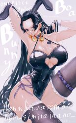  1girl absurdres animal_ears black_hair black_leotard black_thighhighs blue_eyes boa_hancock breast_tattoo breasts choker cleavage cleavage_cutout clothing_cutout covered_navel earrings english_text fake_animal_ears frilled_choker frills hand_in_own_hair heart heart_tattoo highres huge_breasts jewelry large_breasts leotard long_hair looking_at_viewer navel one_piece playboy_bunny rabbit_ears sc_scandium snake snake_earrings solo spread_legs tattoo thighhighs thighs twitter_username very_long_hair wrist_cuffs 