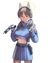  1girl animal_ears black_pantyhose blue_archive blue_skirt blue_sweater breasts brown_eyes brown_hair bullet candy chupa_chups commentary_request cropped_sweater fake_animal_ears food glasses gun gunbelt hair_bobbles hair_ornament hairband halo handgun highres holding holding_gun holding_weapon lollipop long_hair long_sleeves looking_afar low_twintails moe_(blue_archive) mouth_hold navel pantyhose parted_bangs pleated_skirt police_riot_(artist) rabbit_ears school_uniform sidelocks simple_background skirt solo stomach sweater turtleneck turtleneck_sweater twintails underboob weapon white_background 