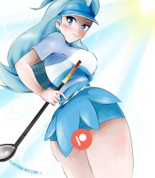  1girl absurdres ass ass_focus blue_eyes blue_hair breasts censored elite_four flatpancakesjim from_below golf_club highres kahili_(pokemon) long_hair looking_at_viewer looking_down medium_breasts multicolored_clothes patreon_logo pokemon pokemon_sm simple_background skirt thighs visor_cap 