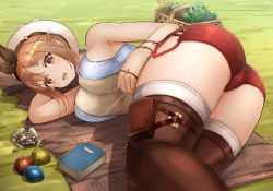  1girl ass ass_focus atelier_(series) atelier_ryza basket blanket book breasts brown_eyes brown_hair hair_ornament hairclip large_breasts looking_at_viewer lying on_side open_mouth outdoors red_shorts reisalin_stout short_hair shorts skindentation solo thighhighs thighs tosaka_(tosaka0001) white_headwear  rating:Sensitive score:73 user:danbooru