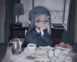 1girl blue_hair blue_shirt blunt_bangs brown_eyes closed_mouth collared_shirt cup curtains dr_mice food hand_on_own_cheek hand_on_own_face highres indoors inkling inkling_girl inkling_player_character lap long_hair long_sleeves mug nintendo plate pointy_ears shirt solo splatoon_(series) table tentacle_hair window
