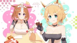  2girls @_@ ahoge alternate_costume animal_ears bare_shoulders belt_collar black_dress black_gloves bow box breasts cat chocolate collar collared_dress commentary_request dress elbow_gloves enmaided flower food gift gift_box gloves hair_between_eyes highres holding holding_chocolate holding_food horse_ears horse_girl large_breasts licking_lips looking_at_viewer luft9999 maid maid_headdress medium_hair meisho_doto_(umamusume) meto_(cat) multicolored_background multicolored_hair multiple_girls notice_lines parted_lips polka_dot ponytail puffy_short_sleeves puffy_sleeves purple_eyes rose short_hair short_sleeves sparkle strapless strapless_dress streaked_hair table taiki_shuttle_(umamusume) tongue tongue_out umamusume white_background white_bow white_gloves white_hair wrist_cuffs 