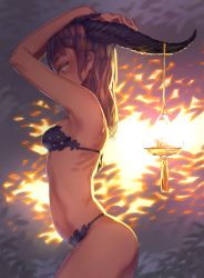 1girl arms_up bad_id bad_pixiv_id bikini candle from_side gradient_background horns long_hair looking_at_viewer original pachyphytum pink_hair solo swimsuit  rating:Sensitive score:21 user:danbooru