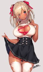  1girl artist_name bare_shoulders black_skirt blonde_hair blush breasts cleavage cleavage_cutout clothes_lift clothing_cutout commentary_request dark-skinned_female dark_elf dark_skin elf gluteal_fold hair_ribbon heart_cutout large_breasts lifted_by_self long_hair looking_at_viewer mataro_(matarou) meme_attire nail_polish open-chest_sweater original parted_lips pointy_ears purple_eyes red_ribbon ribbon simple_background skirt skirt_lift sleeveless sleeveless_sweater smile solo standing sweater thighhighs turtleneck two_side_up white_nails white_thighhighs  rating:Sensitive score:44 user:danbooru