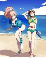  2girls ;q absurdres arm_up bare_legs barefoot beach bikini bikini_shorts black_hair blue_eyes blue_sky blush bow breasts brown_eyes cleavage closed_mouth cloud collarbone day full_body green_bikini green_shorts hair_bow hair_ornament hairclip highres holding holding_water_gun leaning_forward long_hair medium_breasts micro_shorts multiple_girls navel ocean one_eye_closed outdoors pink_hair ponytail rinwell_(tales) shionne_(tales) short_hair shorts sky sports_bikini standing standing_on_one_leg striped striped_bow swimsuit tales_of_(series) tales_of_arise thigh_strap tongue tongue_out tusia very_long_hair water_gun white_bikini wristband 
