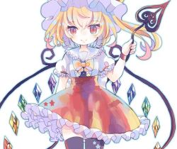  1girl ascot bat_wings blonde_hair crystal flandre_scarlet hat hat_ribbon hiyuu_(hiyualice) laevatein_(touhou) mob_cap multicolored_wings one_side_up puffy_short_sleeves puffy_sleeves red_eyes red_skirt red_vest ribbon short_sleeves side_ponytail skirt skirt_set solo star_(symbol) touhou vest white_hat wings yellow_ascot 