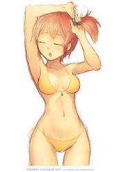 1girl absurdres armpits arms_up artist_name bare_arms bikini breasts breasts_apart character_name closed_eyes collarbone copyright_name cowboy_shot creatures_(company) game_freak gym_leader hair_tie highres holding holding_own_hair misty_(pokemon) navel nintendo open_mouth pokemon pokemon_rgby red_hair short_hair side-tie_bikini_bottom side-tie_bottom side_ponytail simple_background sketch solo standing stomach swimsuit tom_skender tying_hair watermark web_address white_background yellow_bikini rating:Sensitive score:39 user:danbooru