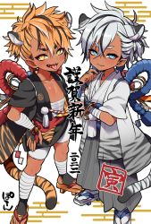  2boys animal_ears bike_shorts chinese_zodiac commentary_request dark-skinned_male dark_skin furry furry_male highres looking_at_viewer multiple_boys original tiger tiger_ears tongue tongue_out usagigenki white_legwear white_tiger year_of_the_tiger 