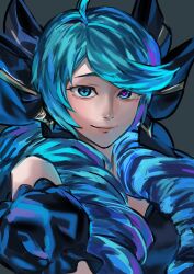 1girl absurdres ahoge bare_shoulders black_bow bow breasts dress drill_hair green_eyes green_hair grey_background gwen_(league_of_legends) hair_bow highres jangmijal_(jxngmxjxx) league_of_legends long_hair looking_at_viewer medium_breasts puffy_short_sleeves puffy_sleeves short_sleeves simple_background smile solo swept_bangs twin_drills twintails rating:General score:0 user:danbooru