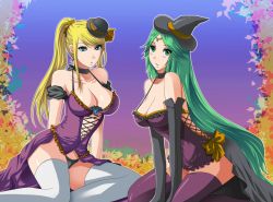  2girls alternate_costume artist_request blonde_hair blue_eyes bow breasts bustier cleavage elbow_gloves gloves green_eyes green_hair halloween hat highres kid_icarus large_breasts long_hair metroid multiple_girls nintendo palutena ponytail ribbon samus_aran smile super_smash_bros. thighhighs very_long_hair witch_hat  rating:Sensitive score:79 user:quintaple975