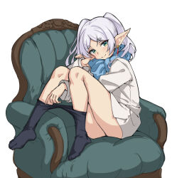  1girl armchair ass birkai black_pantyhose blue_scarf chair closed_mouth earrings elf frieren green_eyes grey_hair highres jewelry long_hair long_sleeves looking_at_viewer pantyhose parted_bangs pointy_ears scarf sitting smile solo sousou_no_frieren twintails 