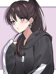  1girl bang_dream! bang_dream!_it&#039;s_mygo!!!!! black_hoodie blush brown_hair closed_mouth commentary_request hair_between_eyes highres hood hood_down hoodie jewelry lone_nape_hair long_hair looking_at_viewer mole mole_under_eye nanami_(nunnun_0410) necklace official_alternate_costume ponytail purple_eyes shiina_taki solo upper_body 