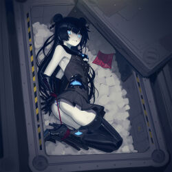  1girl abyssal_ship ass bdsm black_dress black_footwear black_hair black_thighhighs blue_eyes blunt_bangs bondage boots bound box breasts cad_(caddo) colored_skin dress high_heel_boots high_heels highres hogtie in_box in_container kantai_collection light_cruiser_oni long_hair lying on_side panties short_dress sleeveless sleeveless_dress small_breasts solo striped_clothes striped_panties thighhighs underwear very_long_hair white_skin 