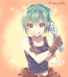  10s 1girl :q adjustable_wrench bare_shoulders bow brown_eyes brown_gloves clothes_around_waist collarbone colored_eyelashes crop_top gloves green_hair hair_bow high_ponytail jacket jacket_around_waist kantai_collection looking_at_viewer maruki_(punchiki) midriff orange_hair solo sparkle tank_top tongue tongue_out twitter_username upper_body wrench yuubari_(kancolle)  rating:Sensitive score:6 user:danbooru