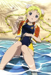 1girl absurdres beach blonde_hair blue_eyes braid competition_swimsuit d: double_bun flower fujimoto_satoru gruier_serenity hair_flower hair_ornament highres legs long_hair miniskirt_pirates non-web_source nyantype official_art one-piece_swimsuit open_mouth outdoors rose scan shell solo swimsuit twintails very_long_hair water wet rating:Sensitive score:23 user:danbooru
