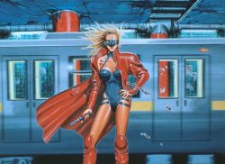  1990s_(style) 1girl a.d._police_files blonde_hair blood boots breasts bustier caroline_evers coat cyberpunk cyborg covered_erect_nipples goggles hand_on_own_hip headgear knife long_hair looking_at_viewer medium_breasts realistic retro_artstyle solo subway sunglasses toned tony_takezaki traditional_media trench_coat visor wind wind_lift 