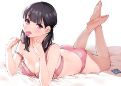  1girl ass bare_arms bare_legs bare_shoulders barefoot black_hair blunt_bangs blush bra breasts butt_crack candy cleavage commentary_request condom condom_wrapper eating feet feet_up food full_body highres holding holding_food legs_up licking lollipop long_hair looking_at_viewer low_twintails lying medium_breasts on_stomach open_mouth original panties pink_bra pink_panties purple_eyes sakura_no_tomoru_hi_e soles solo strap_slip the_pose toes tongue tongue_out twintails underwear underwear_only  rating:Sensitive score:33 user:danbooru