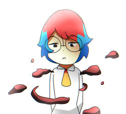 1girl black_eyes blue_hair collared_shirt commentary creatures_(company) english_commentary game_freak glasses multicolored_hair necktie nintendo orange_necktie parted_lips penny_(pokemon) pokemon pokemon_sv red_hair round_eyewear shirt simple_background solo two-tone_hair white_background white_shirt zyla_zo.