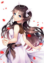  1girl alternate_costume black_hair blue_eyes bow breasts chiachun0621 closed_mouth cocktail_dress commentary_request cowboy_shot dress falling_petals fate/stay_night fate_(series) floating_hair from_side hair_bow highres light_smile long_hair looking_at_viewer outstretched_hand petals signature solo tohsaka_rin two_side_up waist_bow white_background white_bow white_dress  rating:Sensitive score:10 user:danbooru