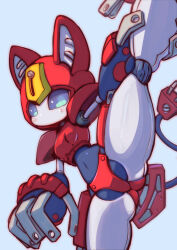 1girl animal_ears armor blue_eyes blue_sclera blush cat_ears chest_armor colored_sclera feet_out_of_frame highres medarot no_mouth no_nose peppercat robot robot_girl spread_legs t-t_u2 tail  rating:Questionable score:7 user:peeeeenis
