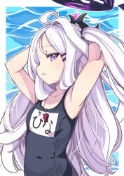  1girl ahoge armpits arms_behind_back arms_up black_halo black_one-piece_swimsuit blue_archive border breasts collarbone commentary covered_navel dark_halo demon_horns forehead hair_ornament hairclip halo hina_(blue_archive) hina_(swimsuit)_(blue_archive) horns long_hair looking_at_viewer mechanical_halo moja_(moja4192) name_tag one-piece_swimsuit one_side_up parted_bangs parted_lips profile purple_eyes school_swimsuit small_breasts small_horns solo swimsuit upper_body very_long_hair water whistle white_border white_hair 