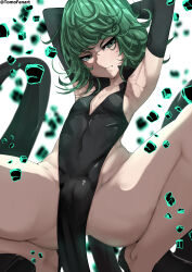 1girl absurdres armpits arms_behind_head arms_up artist_name aura black_dress blurry blurry_background breasts cameltoe cleft_of_venus closed_mouth curly_hair debris detached_sleeves dress flipped_hair floating floating_object glaring glowing green_eyes green_hair highres one-punch_man pelvic_curtain short_hair side_slit small_breasts solo spread_legs squatting tatsumaki tomodachi_(tomofanart) twitter_username white_background rating:Questionable score:56 user:danbooru
