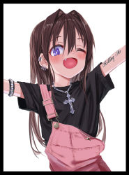 1girl :d absurdres black_border black_shirt blue_eyes blush border brown_hair child cross cross_necklace english_text fang gishiki_(gshk) grey_background hair_between_eyes hair_intakes highres jewelry long_hair looking_at_viewer multiple_piercings necklace one_eye_closed open_mouth original outstretched_arms overalls pink_overalls shirt short_sleeves simple_background smile solo spread_arms tattoo upper_body rating:Sensitive score:8 user:danbooru