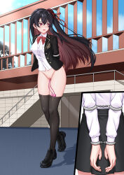  1girl absurdres bdsm black_hair black_jacket bottomless bound bound_arms bound_wrists breasts brown_eyes brown_hair chain cleft_of_venus colored_inner_hair cuffs elbow_cuffs handcuffs highres indie_virtual_youtuber jacket kenen_tanabata loafers long_hair medium_breasts multicolored_hair outdoors projected_inset pussy sex_toy shirt shoes side_ponytail solo thighhighs two-tone_hair vibrator vibrator_in_thighhighs walking white_shirt 