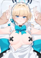 1boy 1girl absurdres apron bed_sheet black_choker blonde_hair blue_archive blue_bow blue_bowtie blue_eyes bow bowtie boy_on_top breasts choker closed_mouth cross_pasties double_v expressionless frills halo highres looking_at_viewer lying maid_apron maid_headdress medium_breasts nonbire on_back pasties pillow pov solo_focus toki_(blue_archive) upper_body v rating:Questionable score:38 user:danbooru