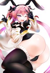 1boy animal_ears artist_request ass astolfo_(fate) astolfo_(saber)_(fate) blush bow bulge detached_sleeves elbow_gloves fake_animal_ears fang fate/grand_order fate_(series) gloves hair_bow highres leotard long_hair looking_at_viewer low_twintails one_eye_closed open_mouth panties pink_hair playboy_bunny purple_eyes rabbit_ears shiny_clothes shiny_skin smile solo thighhighs trap twintails underwear very_long_hair wink rating:Questionable score:23 user:armorcrystal
