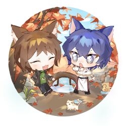  2boys :3 absurdres animal_ear_fluff animal_ears autumn belt black_belt black_jacket black_pants blue_hair brown_hair camera camera_around_neck capelet cat cat_boy cat_ears chibi chibi_only chinese_commentary closed_eyes collared_shirt commentary_request day fang gold_trim green_shirt grey_eyes hair_between_eyes harada_minoru highres jacket kemonomimi_mode long_sleeves male_focus maotan multiple_boys open_clothes open_jacket open_mouth outdoors pants red_pants saibou_shinkyoku shirt short_hair surprised utsugi_noriyuki v-shaped_eyebrows white_capelet 