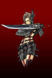  00s 1girl belt donarudo_coffee84 female_focus final_fantasy final_fantasy_x final_fantasy_x-2 gloves gradient_background grey_hair midriff paine red_eyes short_hair shorts solo suspenders sword weapon 